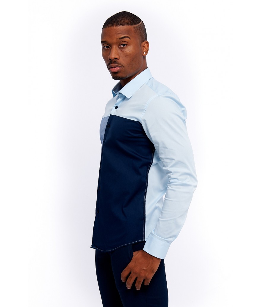 CHEMISE FRENCH 39,90€ SEBASTIANO BLEU MARINE ET BLEU CIEL OU NOIR, GRIS ET BLANC
